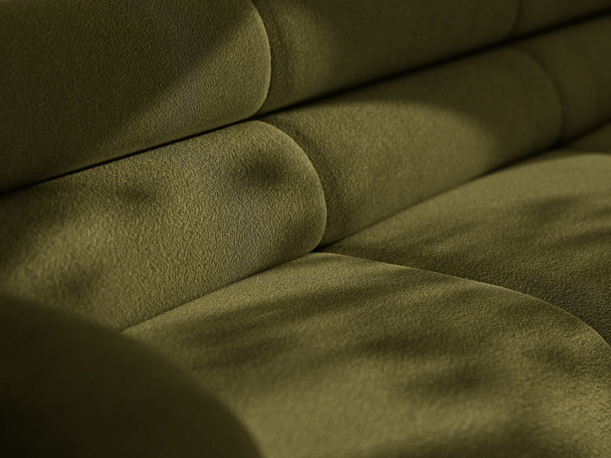 Modulares Sofa Neo von Micadoni in Dunkles olivgrün mit strukturiertem Bouclé-Stoffbezug, schwarzen Kunststoffbeinen und hoher Rückenlehne.