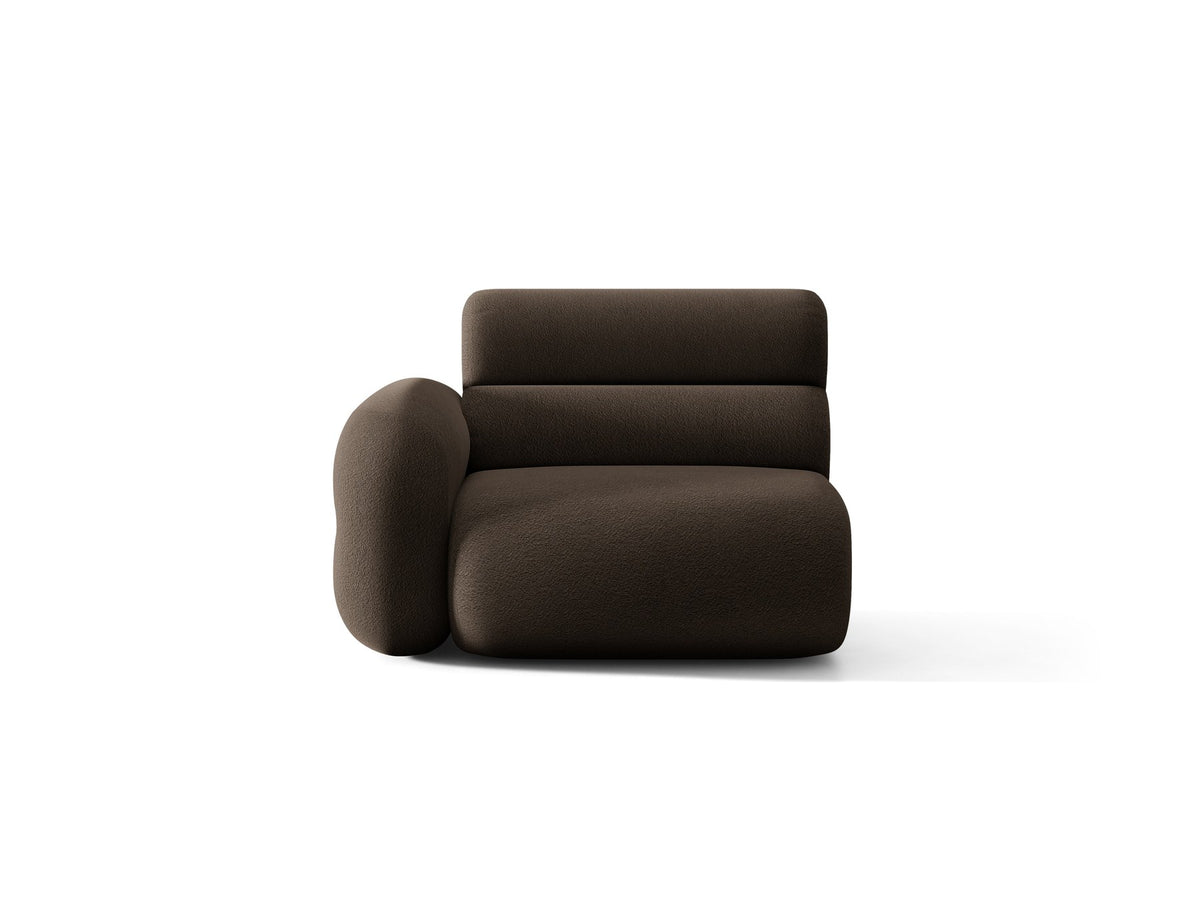 Modulares Sofa Neo von Micadoni in Dunkles olivgrün mit strukturiertem Bouclé-Stoffbezug, schwarzen Kunststoffbeinen und hoher Rückenlehne.