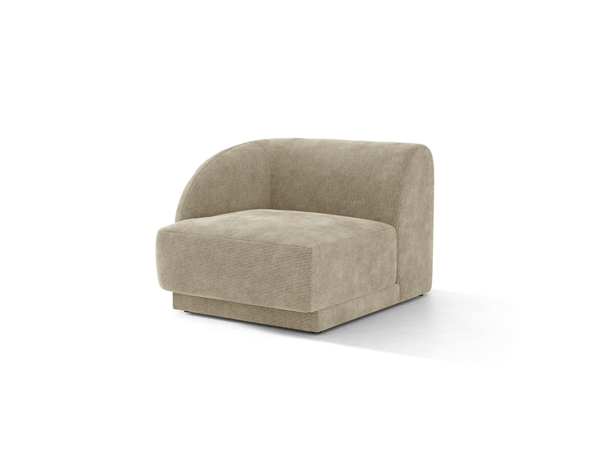 Dunkelbeiger Einsitzer aus der modularen Miley-Sofa-Serie von Micadoni, Bezug aus Bluvel-Stoff, schwarze Kunststofffüsse, kompakte quadratische Form.