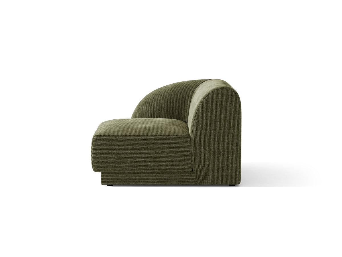 Dunkelbeiger Einsitzer aus der modularen Miley-Sofa-Serie von Micadoni, Bezug aus Bluvel-Stoff, schwarze Kunststofffüsse, kompakte quadratische Form.