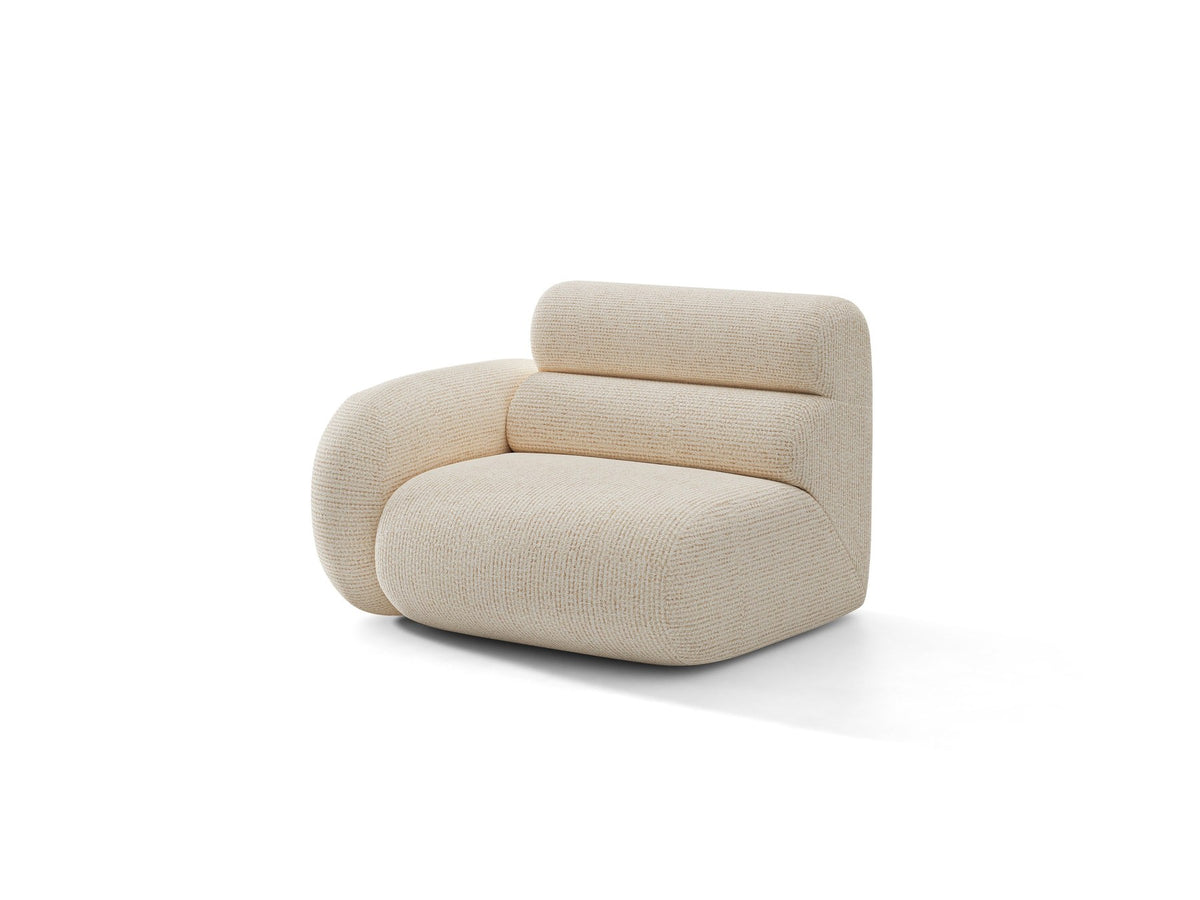 Modulares Sofa Neo von Micadoni in Dunkles olivgrün mit strukturiertem Bouclé-Stoffbezug, schwarzen Kunststoffbeinen und hoher Rückenlehne.