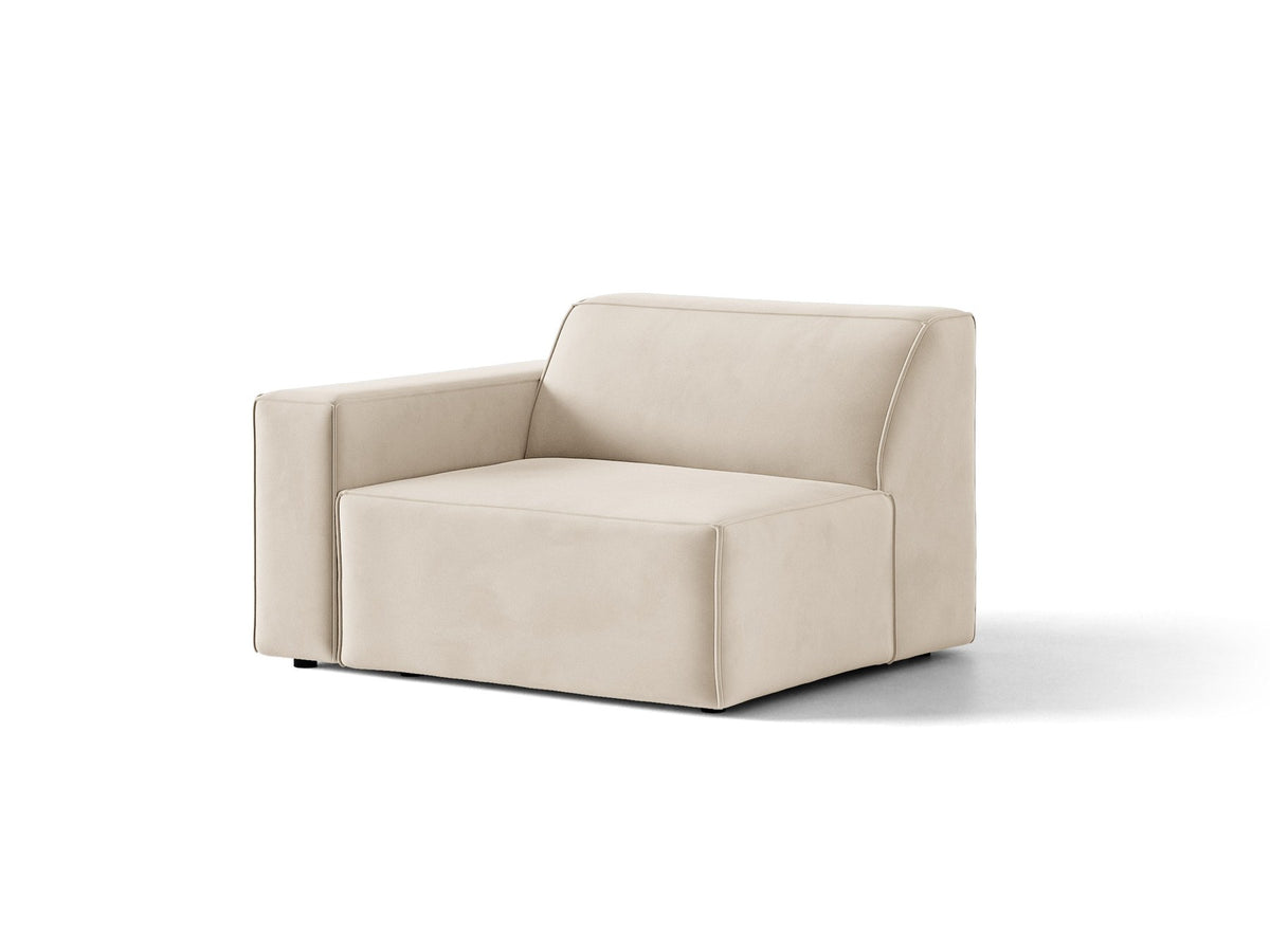 Modulares Sofa-Element Jodie von Micadoni in leichtem Beige mit Venus-Samtstoff, schwarzen Kunststoffbeinen und niedriger Rückenlehne.