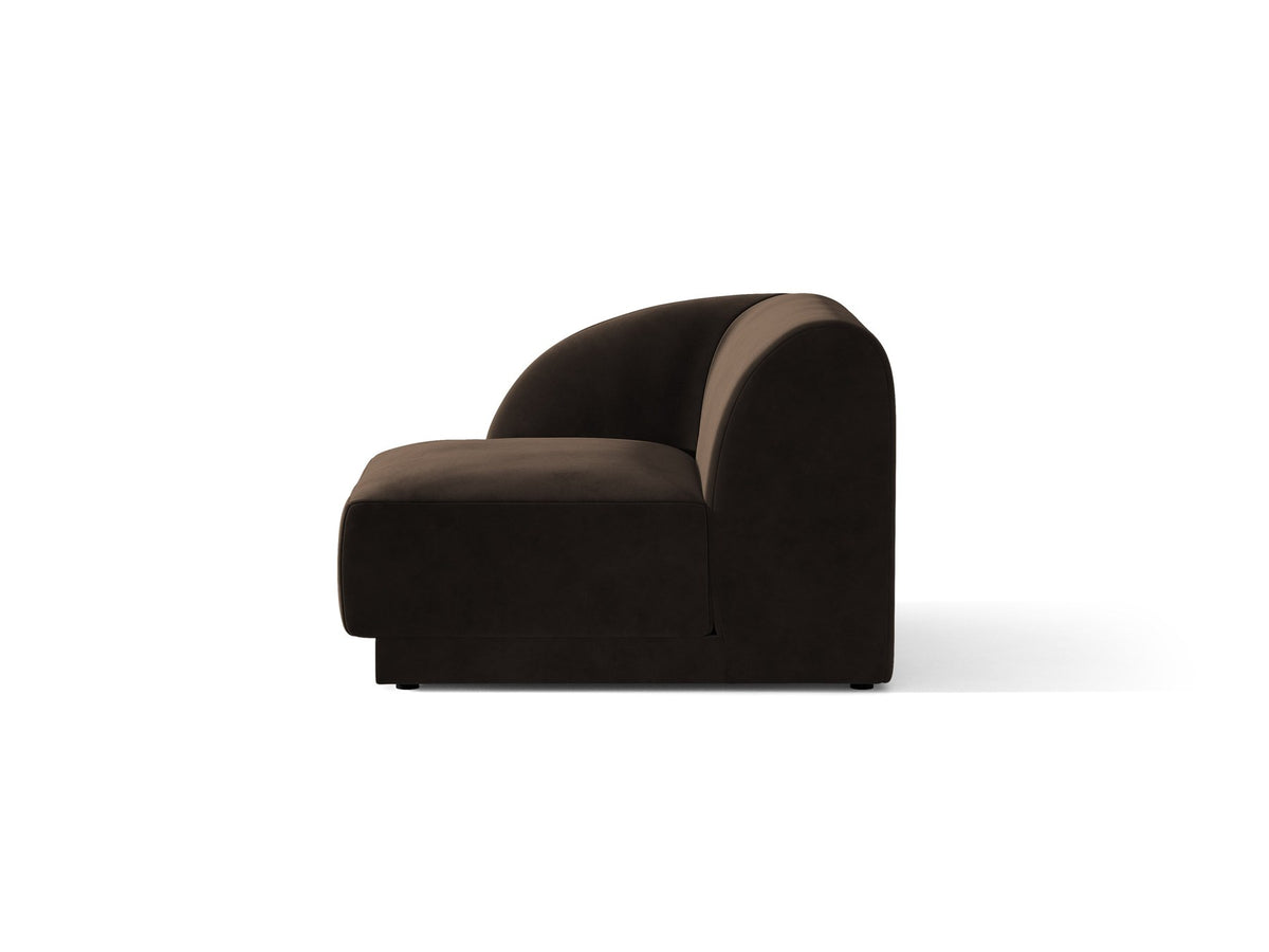 Dunkelbeiger Einsitzer aus der modularen Miley-Sofa-Serie von Micadoni, Bezug aus Bluvel-Stoff, schwarze Kunststofffüsse, kompakte quadratische Form.