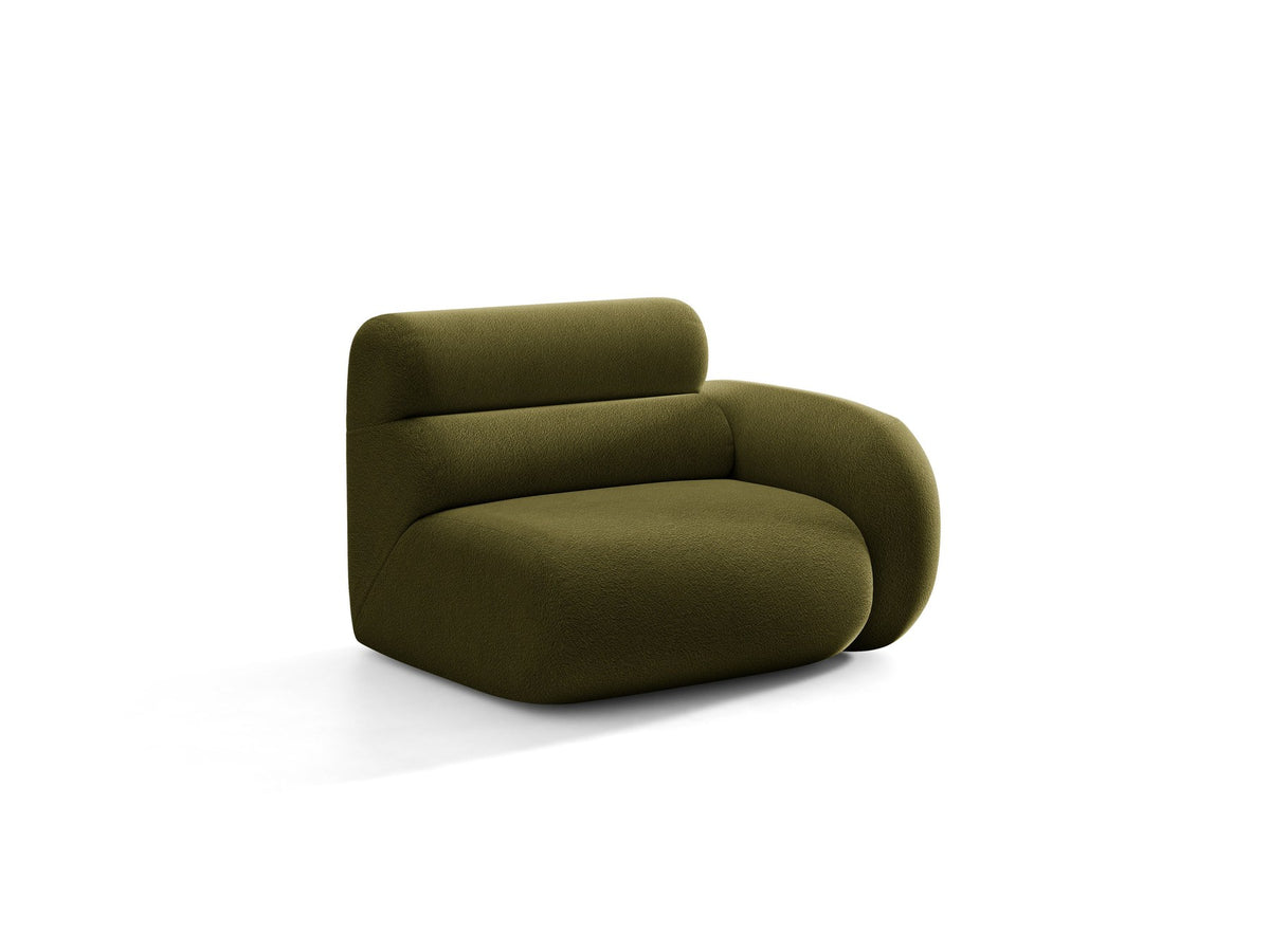Modulares Sofa Neo von Micadoni in dunklem Olivgrün mit Baloo-Stoffbezug, hoher Rückenlehne und schwarzen Kunststoffbeinen.