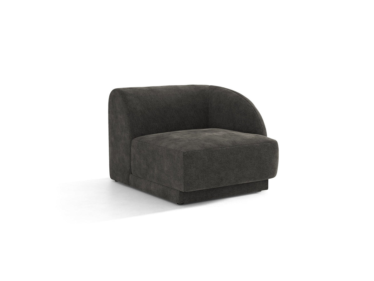 Miley Einsitzer von Micadoni: modulares Sofa-Modul in Dunkelbeige mit Stoffbezug Bluvel 30, schwarzen Kunststoffbeinen und gepolsterter Rückenlehne.