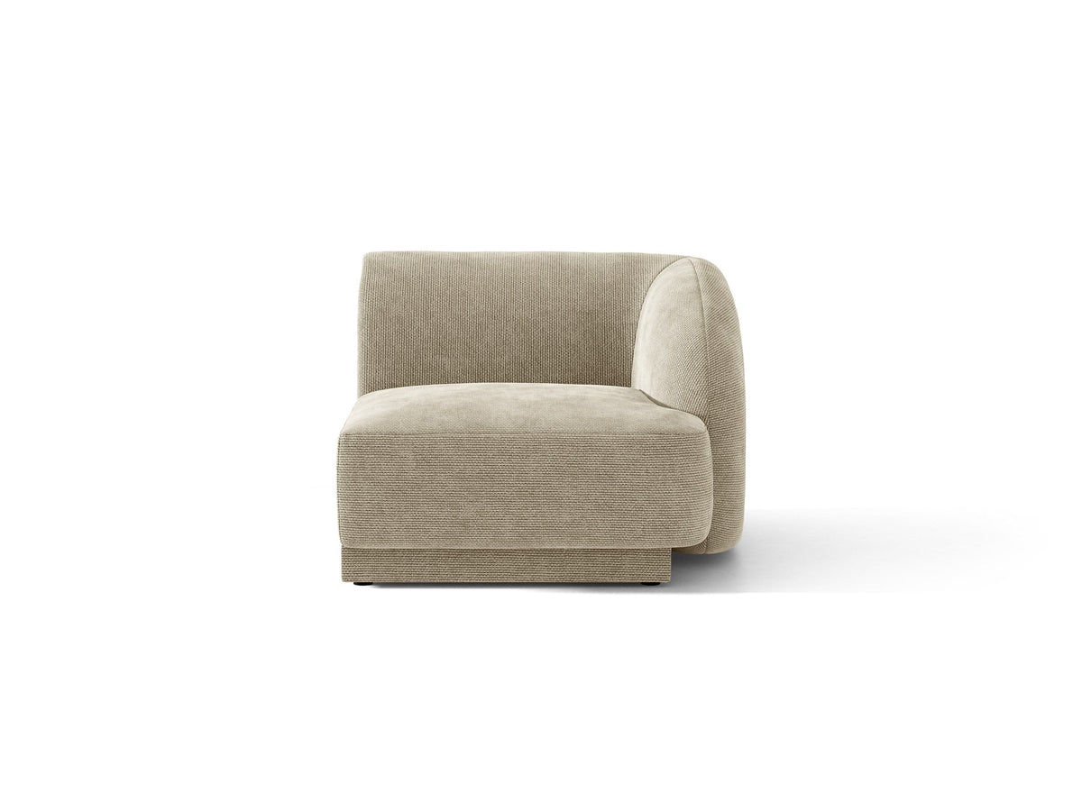 Miley Einsitzer von Micadoni: modulares Sofa-Modul in Dunkelbeige mit Stoffbezug Bluvel 30, schwarzen Kunststoffbeinen und gepolsterter Rückenlehne.