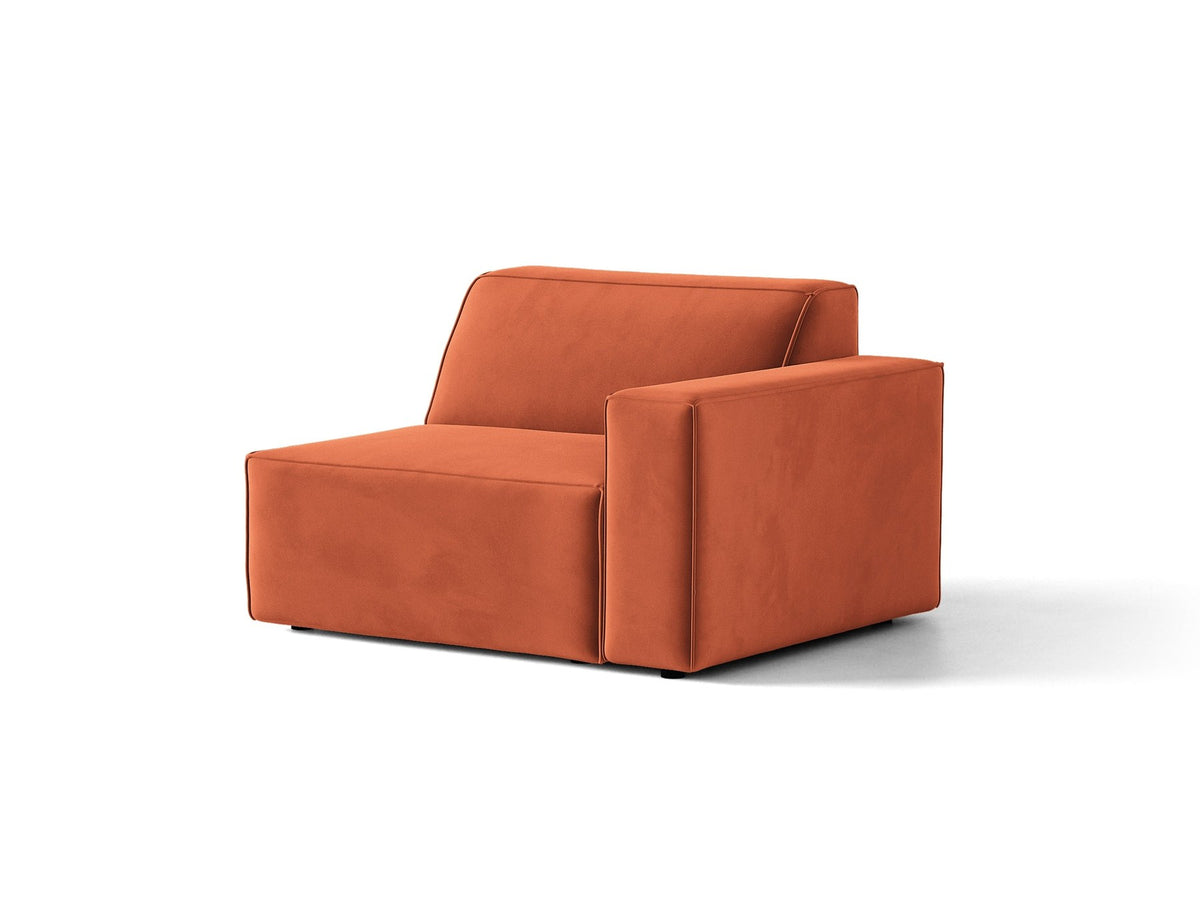 Modulares Sofa Jodie von Micadoni in leichtem Beige mit Venus-Samtstoff, schwarzen Kunststoffbeinen und rechtsseitiger Ausrichtung.