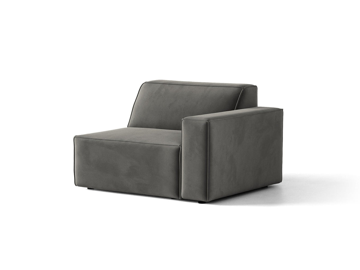 Modulares Sofa Jodie von Micadoni in leichtem Beige mit Venus-Samtstoff, schwarzen Kunststoffbeinen und rechtsseitiger Ausrichtung.