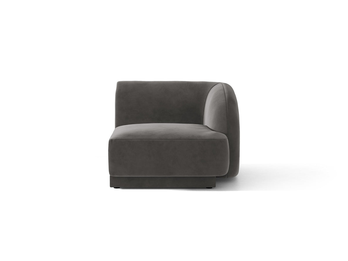 Miley Einsitzer von Micadoni: modulares Sofa-Modul in Dunkelbeige mit Stoffbezug Bluvel 30, schwarzen Kunststoffbeinen und gepolsterter Rückenlehne.