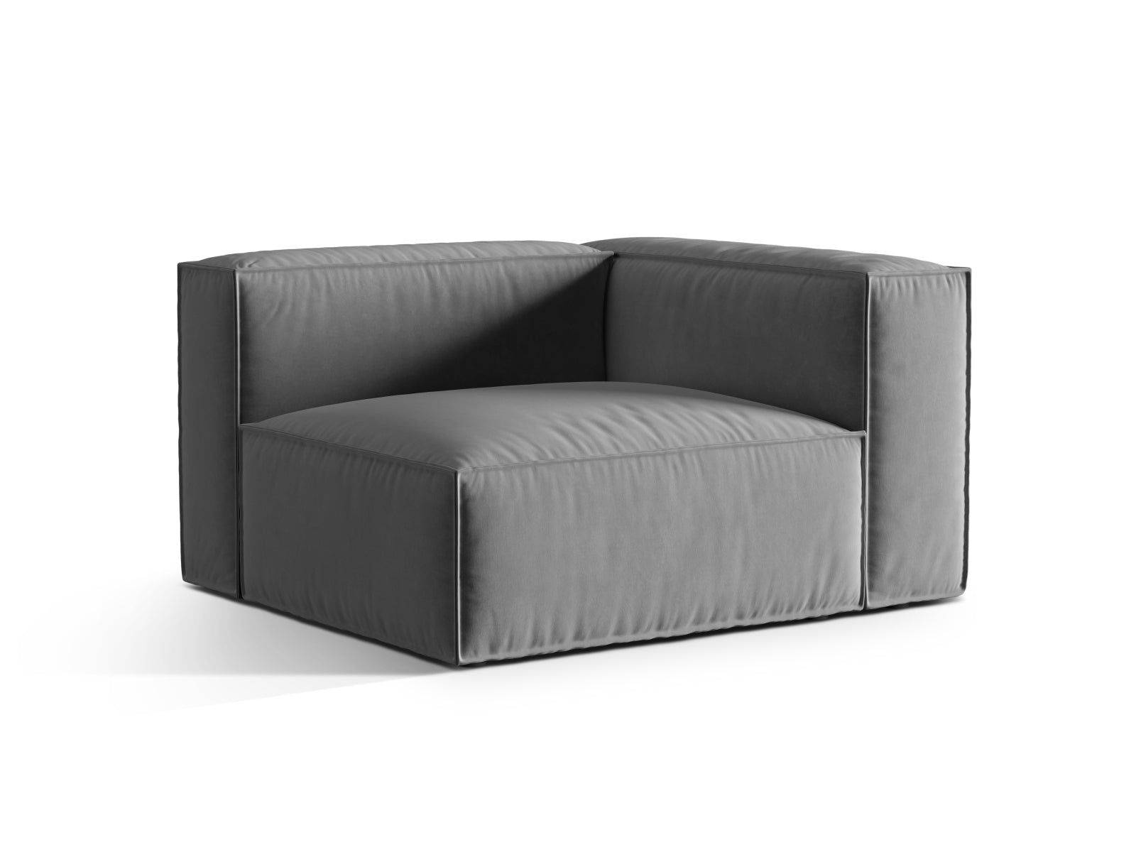 Elegantes Nuria Velour Modular Sofa, 1-Sitzer rechts in stilvollem Grau, ideal für moderne Wohnräume, erhältlich bei KAQTU Design AG.