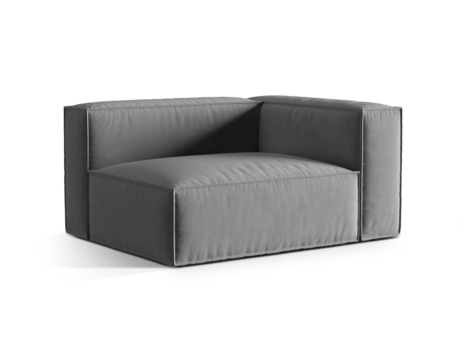 Elegantes Nuria Velour Modular Sofa in Grau, rechtsseitiger 2-Sitzer, ideal für stilvolle Wohnräume, erhältlich bei KAQTU Design AG.