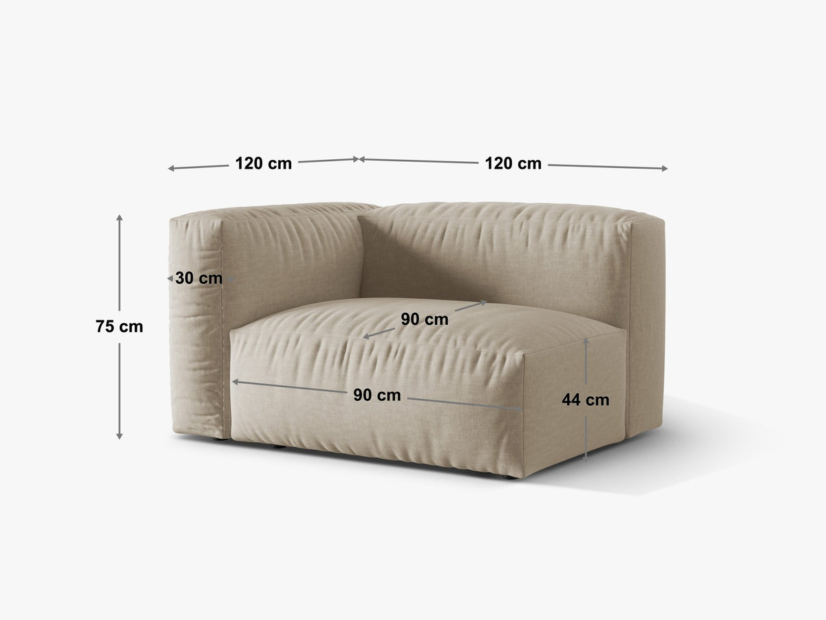 Modulares Sofa-Element Martina von Micadoni in Schokolade, Veloursstoff Vogue, schwarze Kunststoffbeine, quadratische Sitzform von vorne fotografiert.