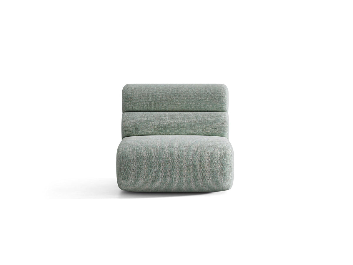 Armloses Samtmodul-Sofaelement Neo von Micadoni in dunklem Olivgrün, mit schwarzen Kunststoffbeinen, Teil eines modularen Sofasystems.