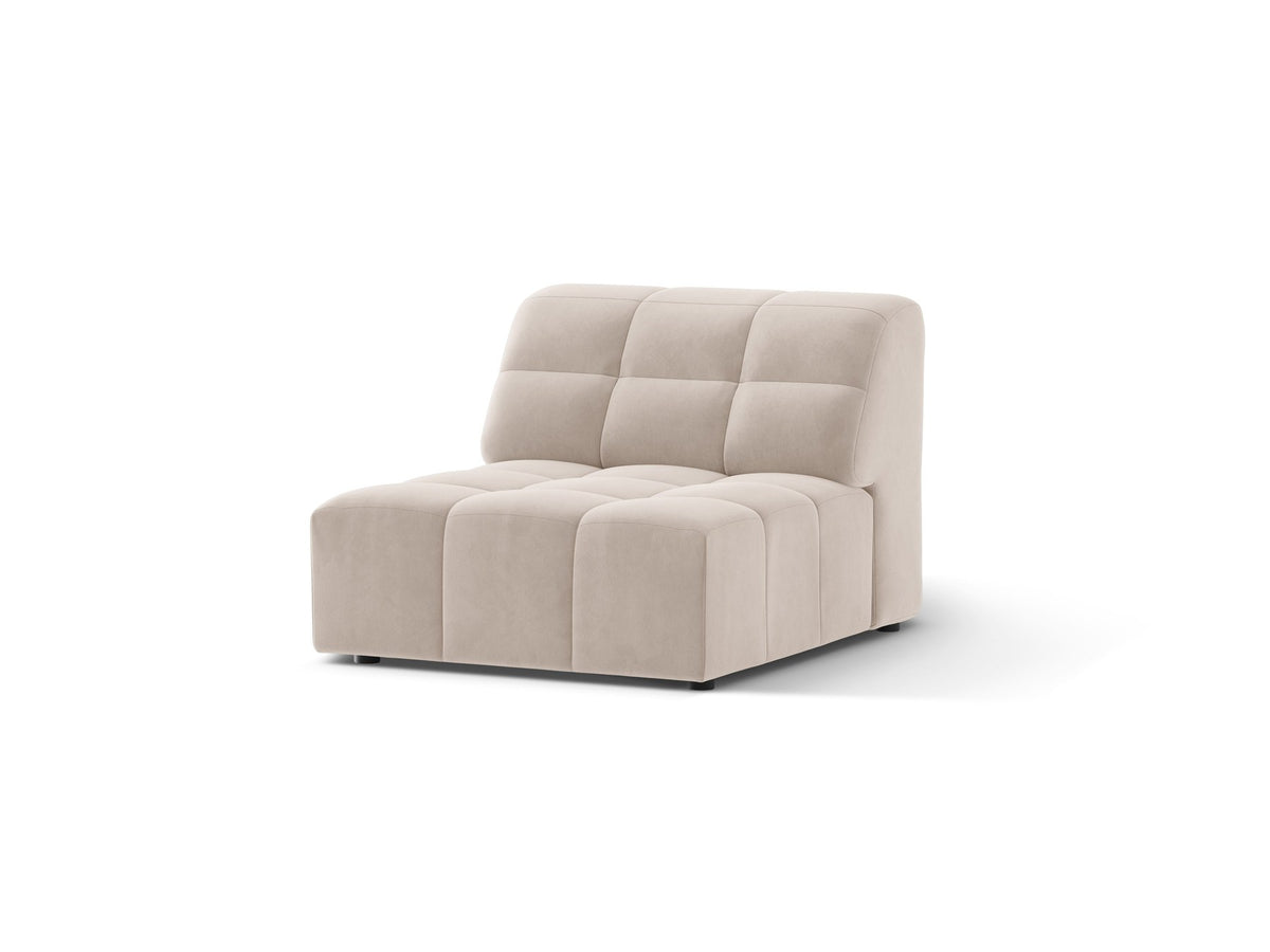 Armloses Sofamodul Jennifer von Micadoni in leichtem Beige, Chenillestoff mit 3D-Struktur, schwarze Kunststoffbeine, Frontalansicht.