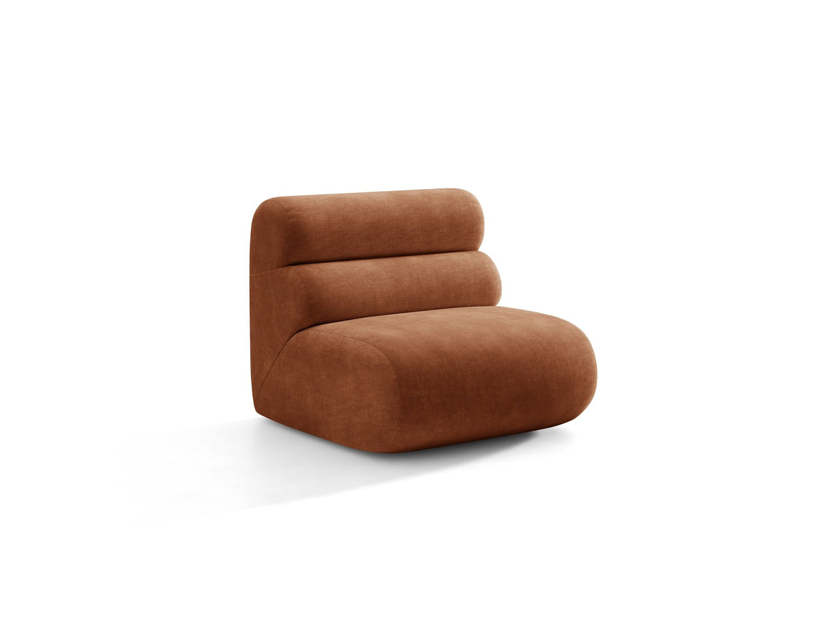 Armloses Samtmodul-Sofaelement Neo von Micadoni in dunklem Olivgrün, mit schwarzen Kunststoffbeinen, Teil eines modularen Sofasystems.