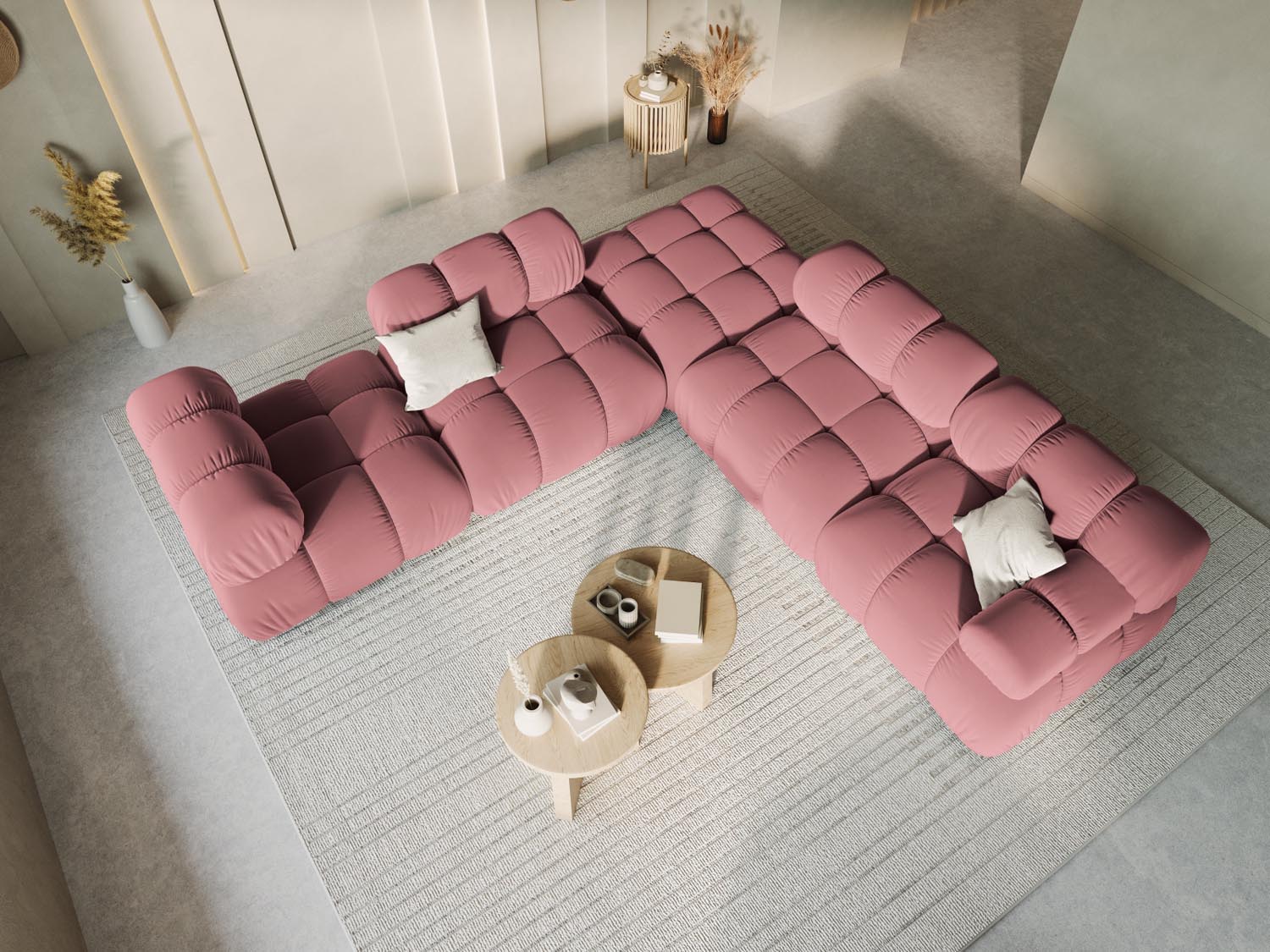 Eleganter Bellis Velour Modul Armless 1 Sitzer in sanften Pinktönen, ideal für stilvolle Wohnräume und kreative Sofa-Arrangements.