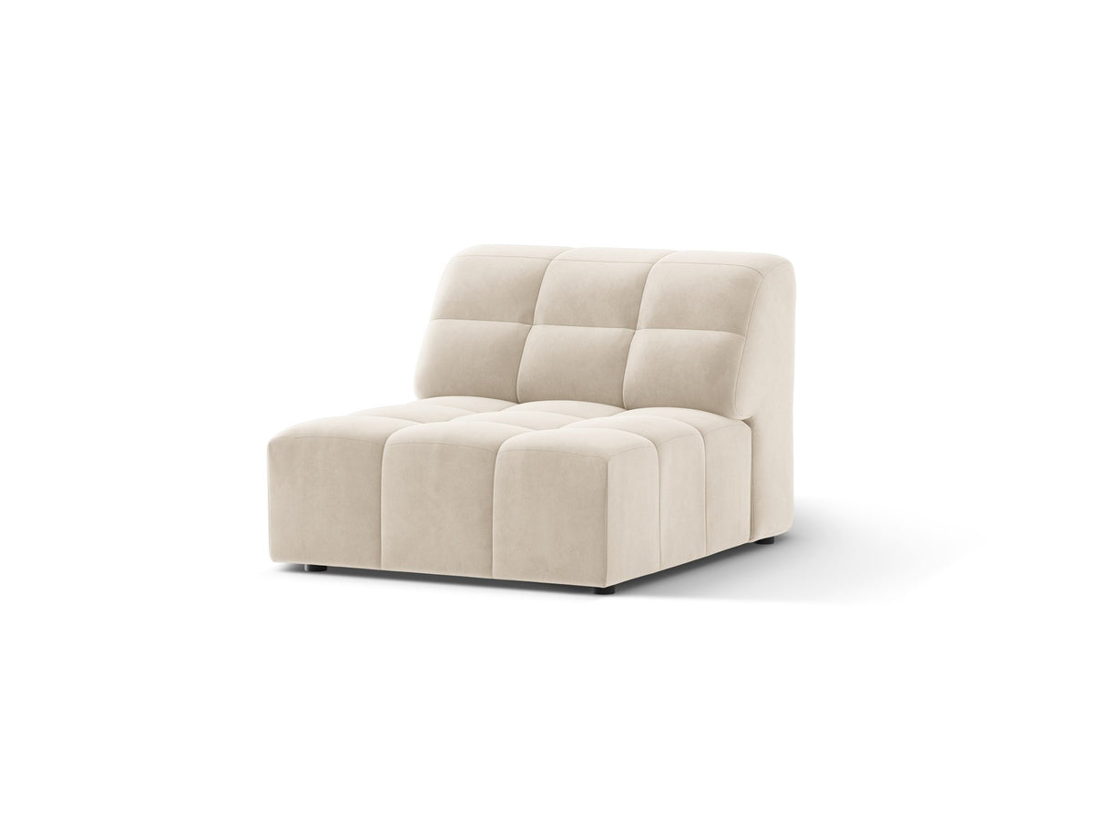 Armloses Sofamodul Jennifer von Micadoni in leichtem Beige, Chenillestoff mit 3D-Struktur, schwarze Kunststoffbeine, Frontalansicht.
