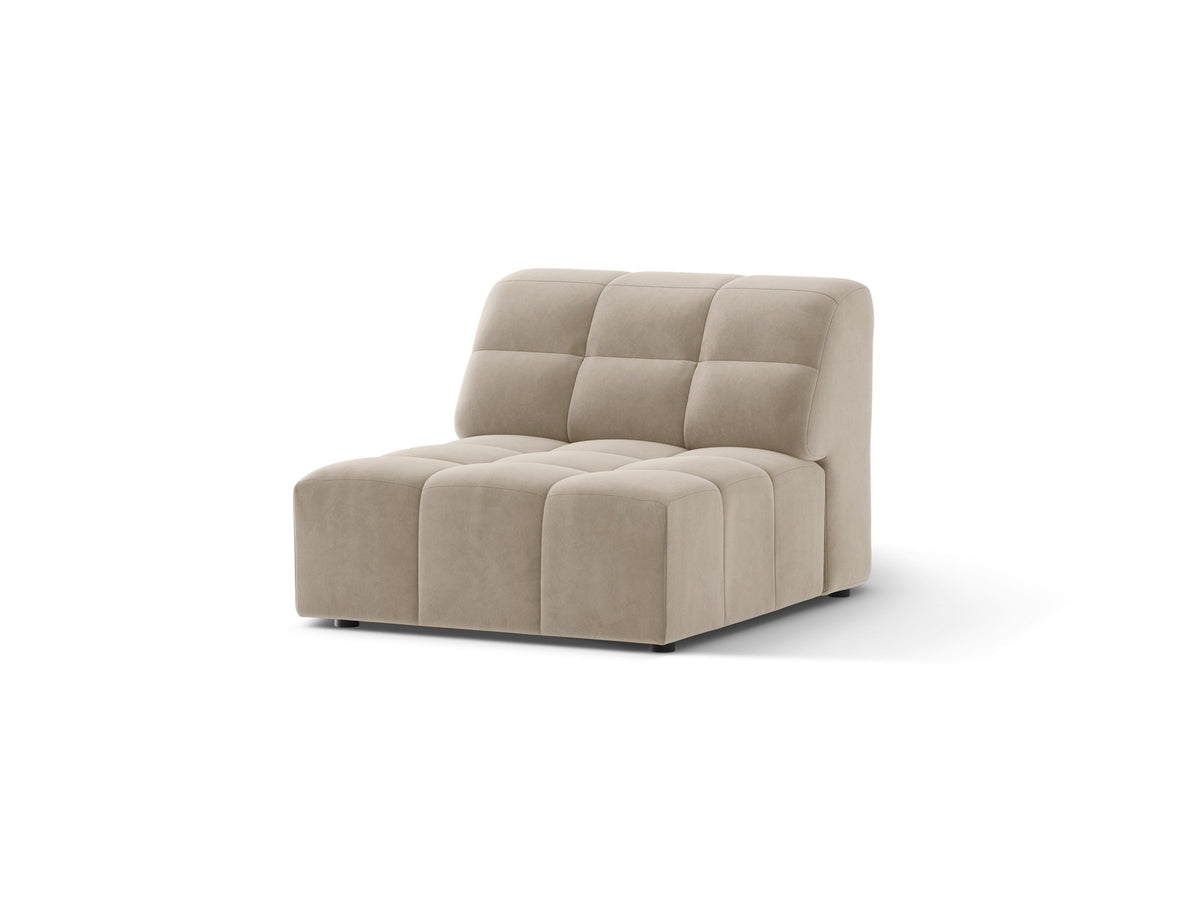 Armloses Sofamodul Jennifer von Micadoni in leichtem Beige, Chenillestoff mit 3D-Struktur, schwarze Kunststoffbeine, Frontalansicht.