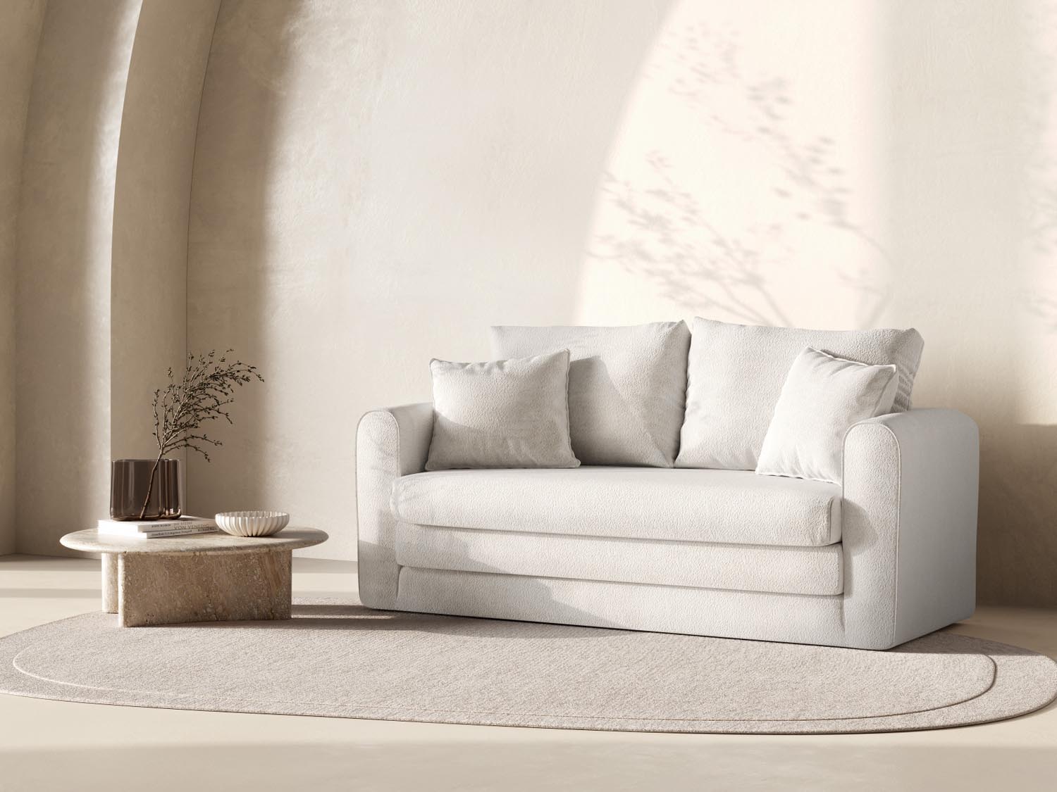 Gemütliches Lido Sofa in Light Beige-CORAL, 2-Sitzer mit Schlaffunktion, ideal für stilvolle Wohnräume und Übernachtungsgäste.