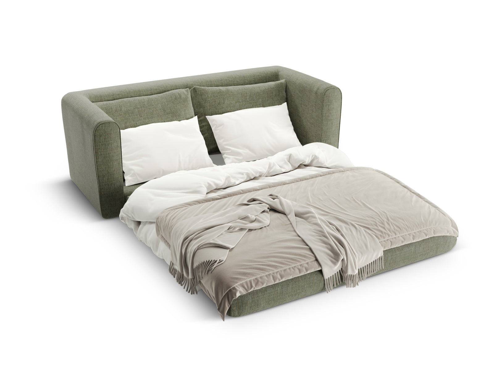 Modernes Lido 2-Sitzer Sofa in Olivgrün von Micadoni, vielseitig einsetzbar als gemütliches Sofa und komfortables Bett für Übernachtungsgäste.