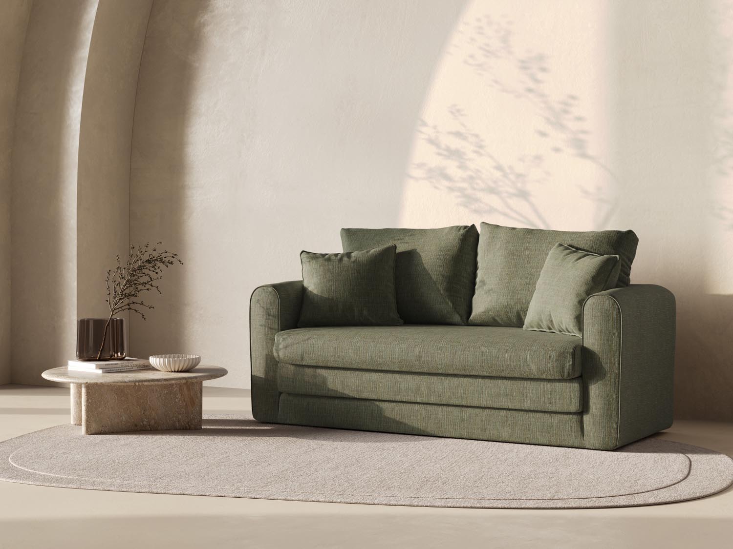 Elegantes Lido Sofa in Olivgrün, 2-Sitzer mit Schlaffunktion, ideal für stilvolle Wohnräume und gemütliche Nächte.