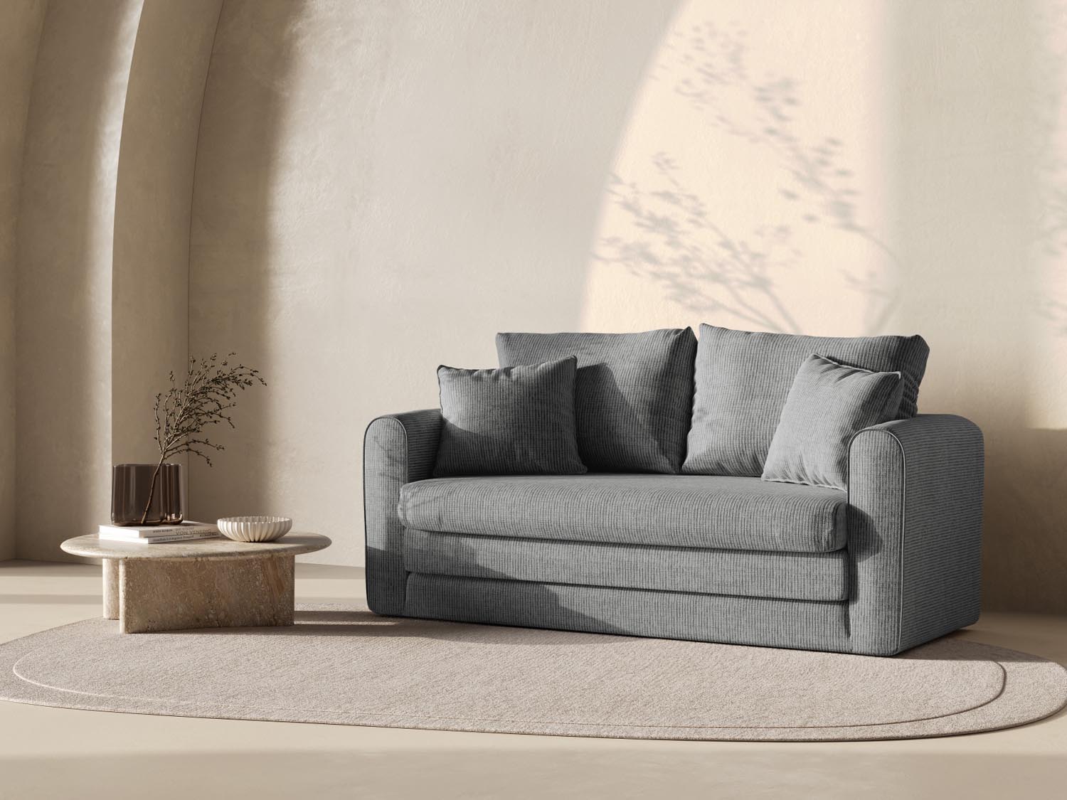 Gemütliches Lido 2-Sitzer Sofa mit Schlaffunktion in warmem Grau, ideal für stilvolle Wohnräume und Übernachtungsgäste.