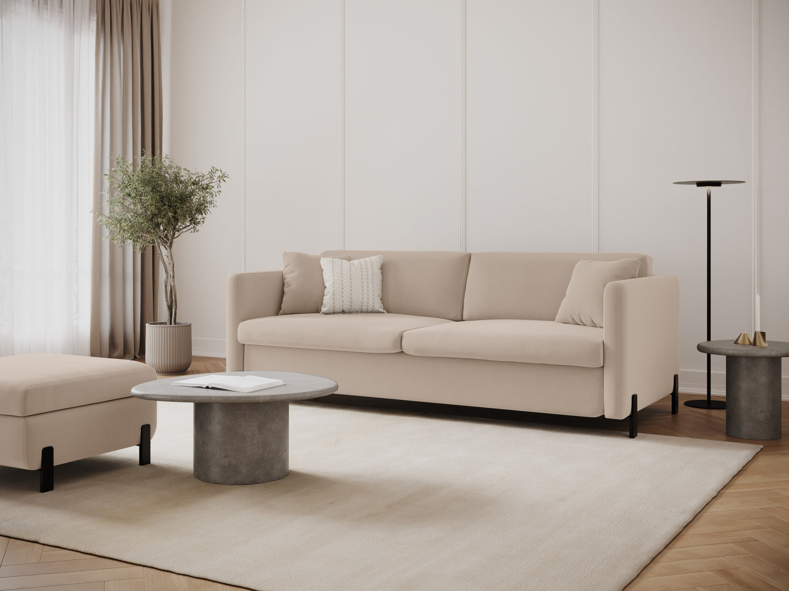 Erleben Sie das elegante Gloria Velour Sofa von Micadoni – ein 2-Sitzer mit praktischer Schlaffunktion, ideal für stilvolle Wohnräume und gemütliche Übernachtungen.