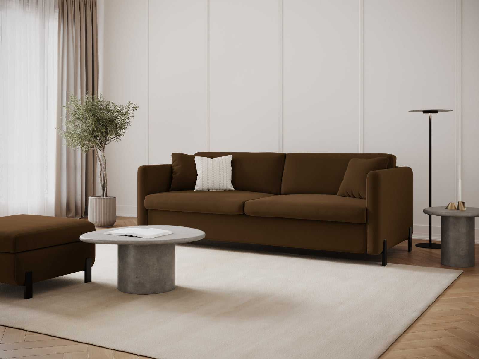 Erleben Sie das elegante Gloria Velour Sofa von Micadoni – ein 2-Sitzer mit praktischer Schlaffunktion, ideal für stilvolle Wohnräume und gemütliche Übernachtungen.