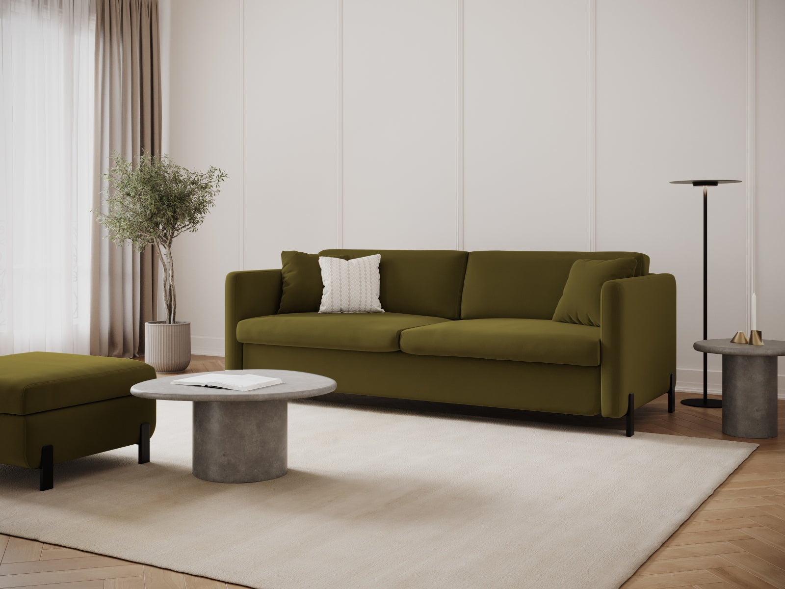 Erleben Sie das elegante Gloria Velour Sofa von Micadoni – ein 2-Sitzer mit praktischer Schlaffunktion, ideal für stilvolle Wohnräume und gemütliche Übernachtungen.