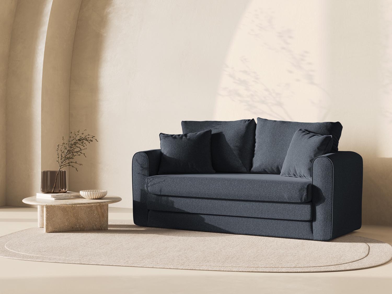 Elegantes Lido Sofa in Dunkelblau, 2-Sitzer mit Schlaffunktion, ideal für stilvolle Wohnräume und gemütliche Nächte.