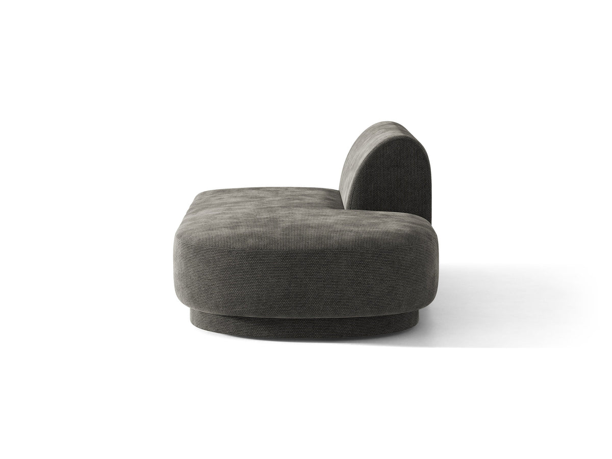Modulares Sofaelement in Dunkelbeige mit Bluvel-Stoffbezug, schwarzen Kunststoffbeinen und niedriger Rückenlehne, rechts ausgerichtet.