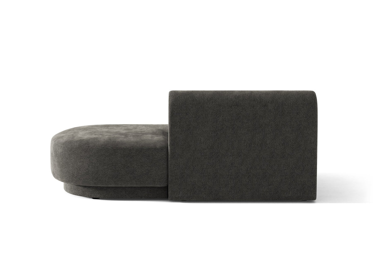 Modulares Sofaelement in Dunkelbeige mit Bluvel-Stoffbezug, schwarzen Kunststoffbeinen und niedriger Rückenlehne, rechts ausgerichtet.