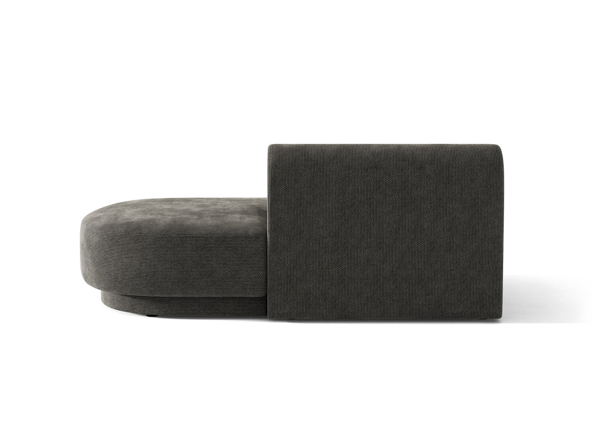 Modulares Sofaelement in Dunkelbeige mit Bluvel-Stoffbezug, schwarzen Kunststoffbeinen und niedriger Rückenlehne, rechts ausgerichtet.
