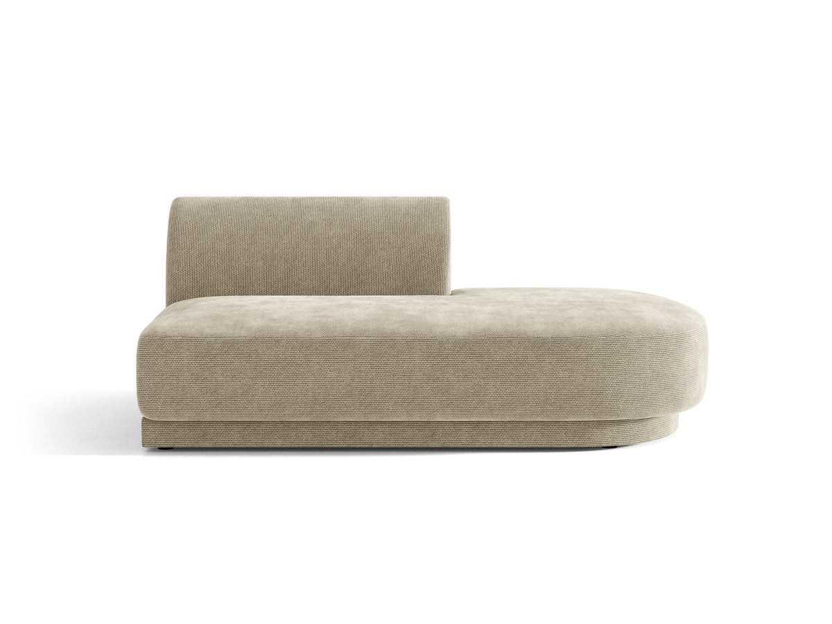 Modulares Sofaelement in Dunkelbeige mit Bluvel-Stoffbezug, schwarzen Kunststoffbeinen und niedriger Rückenlehne, rechts ausgerichtet.