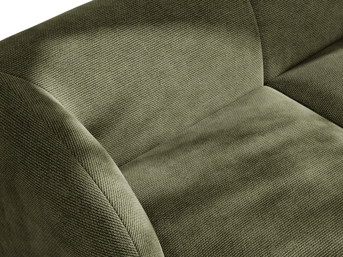 Modulares Sofaelement in Dunkelbeige mit Bluvel-Stoffbezug, schwarzen Kunststoffbeinen und niedriger Rückenlehne, rechts ausgerichtet.