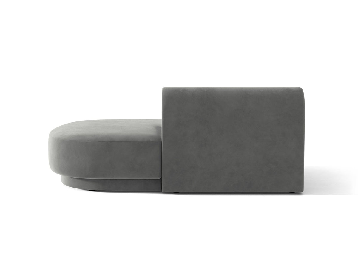 Modulares Sofaelement in Dunkelbeige mit Bluvel-Stoffbezug, schwarzen Kunststoffbeinen und niedriger Rückenlehne, rechts ausgerichtet.