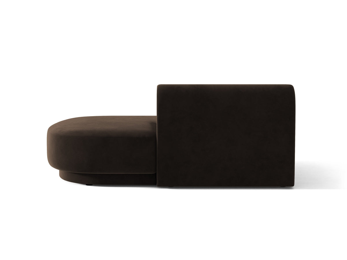 Modulares Sofaelement in Dunkelbeige mit Bluvel-Stoffbezug, schwarzen Kunststoffbeinen und niedriger Rückenlehne, rechts ausgerichtet.