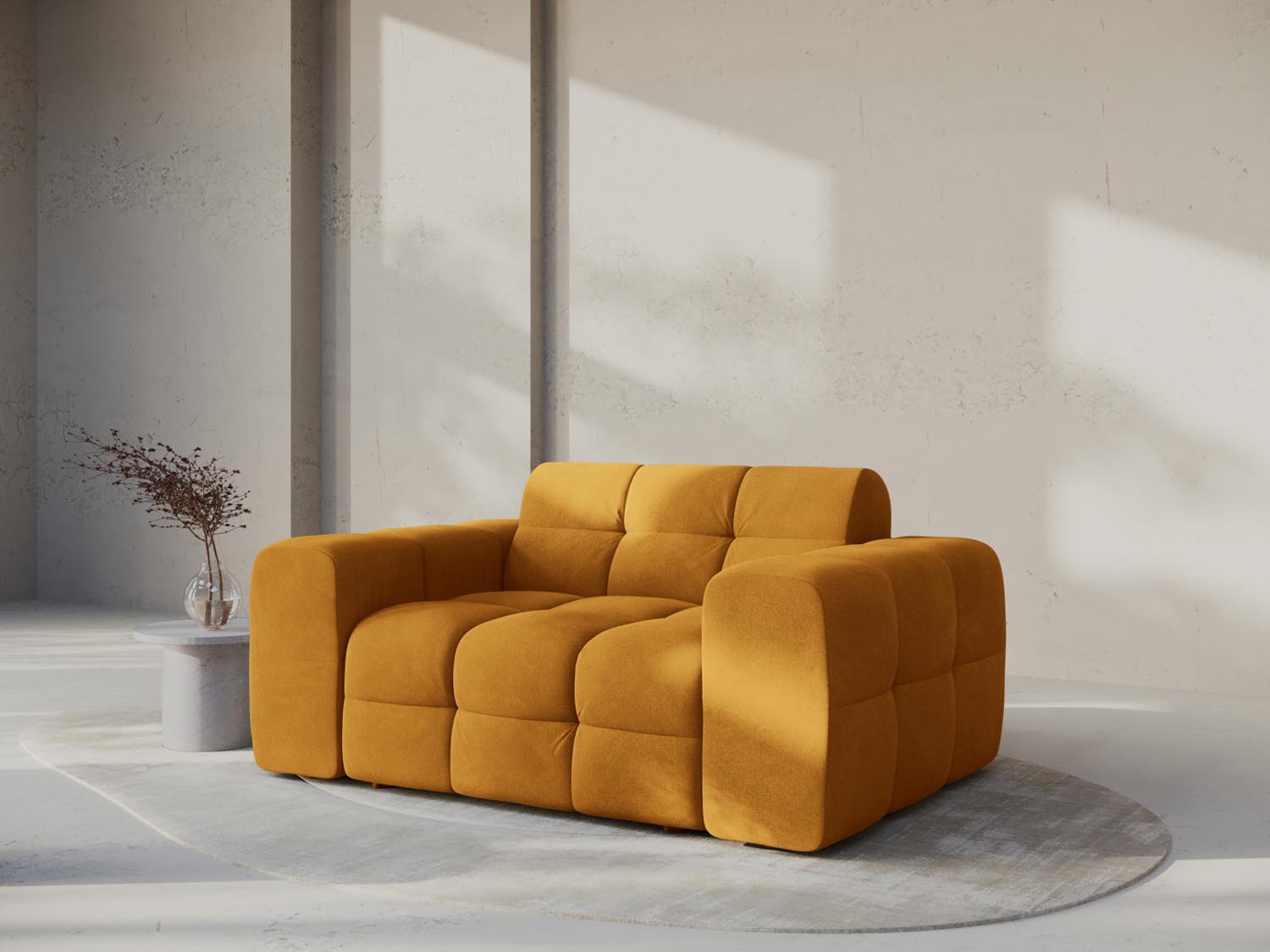 Elegantes Kendal Velour Sofa 2 Sitzer in warmem Senfgelb, ideal für stilvolle Wohnräume und gemütliche Abende.