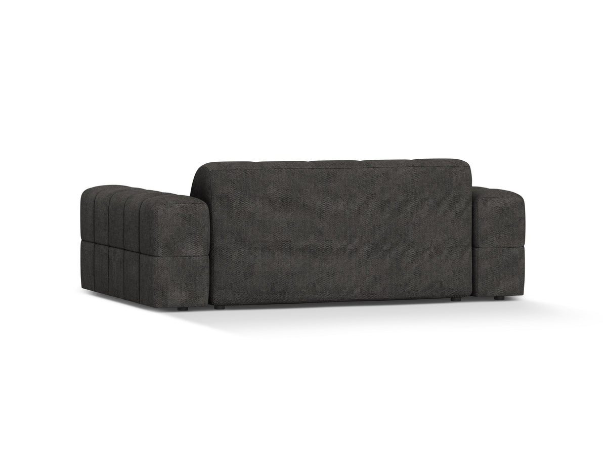 Beiges 2er Sofa Jennifer von Micadoni mit Chenille-Bezug, schwarzen Kunststoffbeinen und gepolsterter Rückenlehne auf hellem Hintergrund fotografiert.