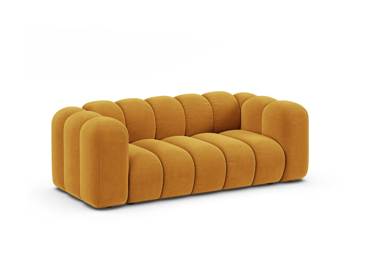 2er Sofa Lupine von Micadoni in leichtem Beige mit Samtstoff Venus, schwarzen Kunststoffbeinen und gerader Rückenlehne, Frontansicht.