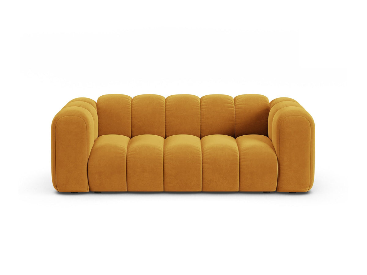 2er Sofa Lupine von Micadoni in leichtem Beige mit Samtstoff Venus, schwarzen Kunststoffbeinen und gerader Rückenlehne, Frontansicht.