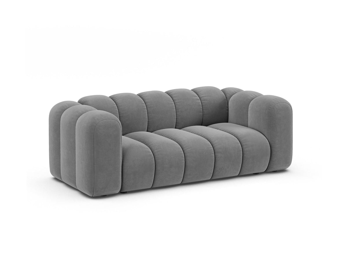 2er Sofa Lupine von Micadoni in leichtem Beige mit Samtstoff Venus, schwarzen Kunststoffbeinen und gerader Rückenlehne, Frontansicht.