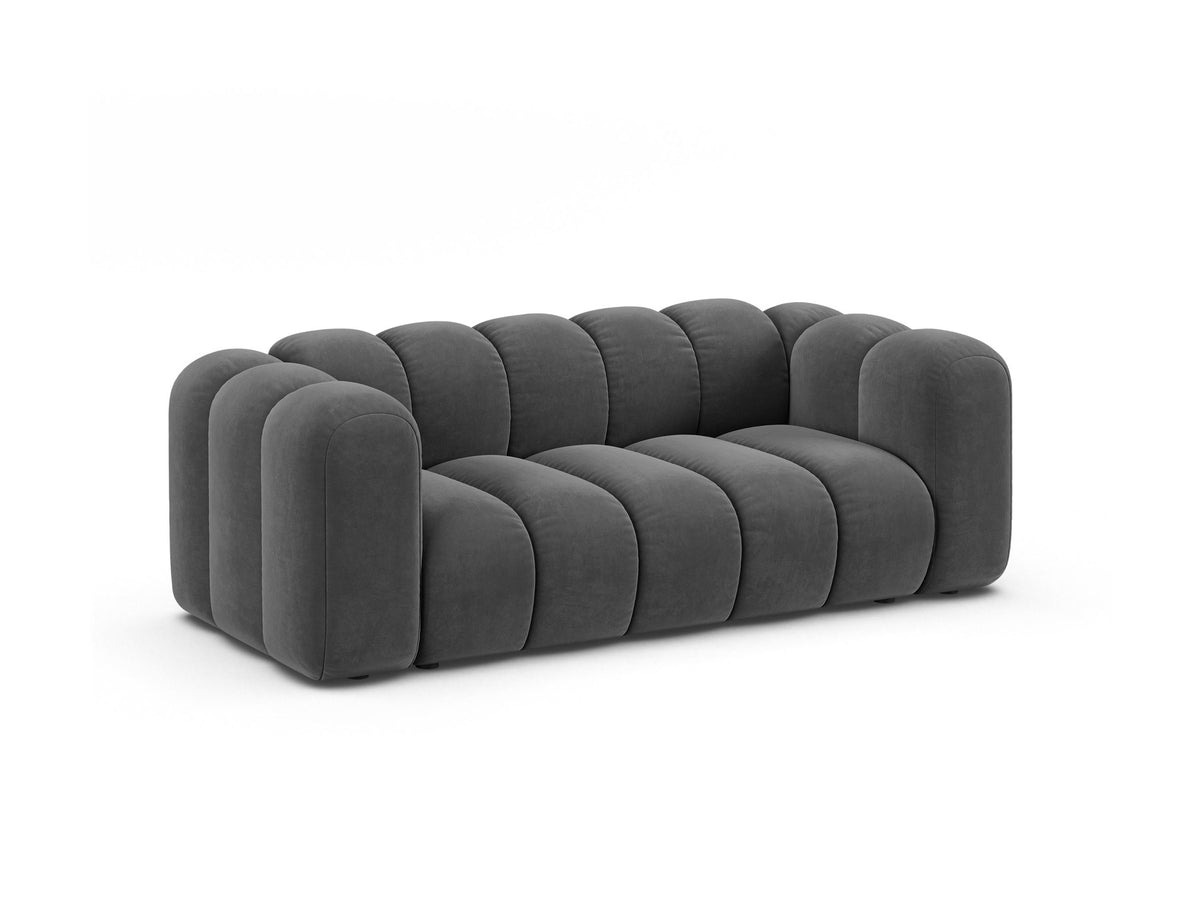 2er Sofa Lupine von Micadoni in leichtem Beige mit Samtstoff Venus, schwarzen Kunststoffbeinen und gerader Rückenlehne, Frontansicht.