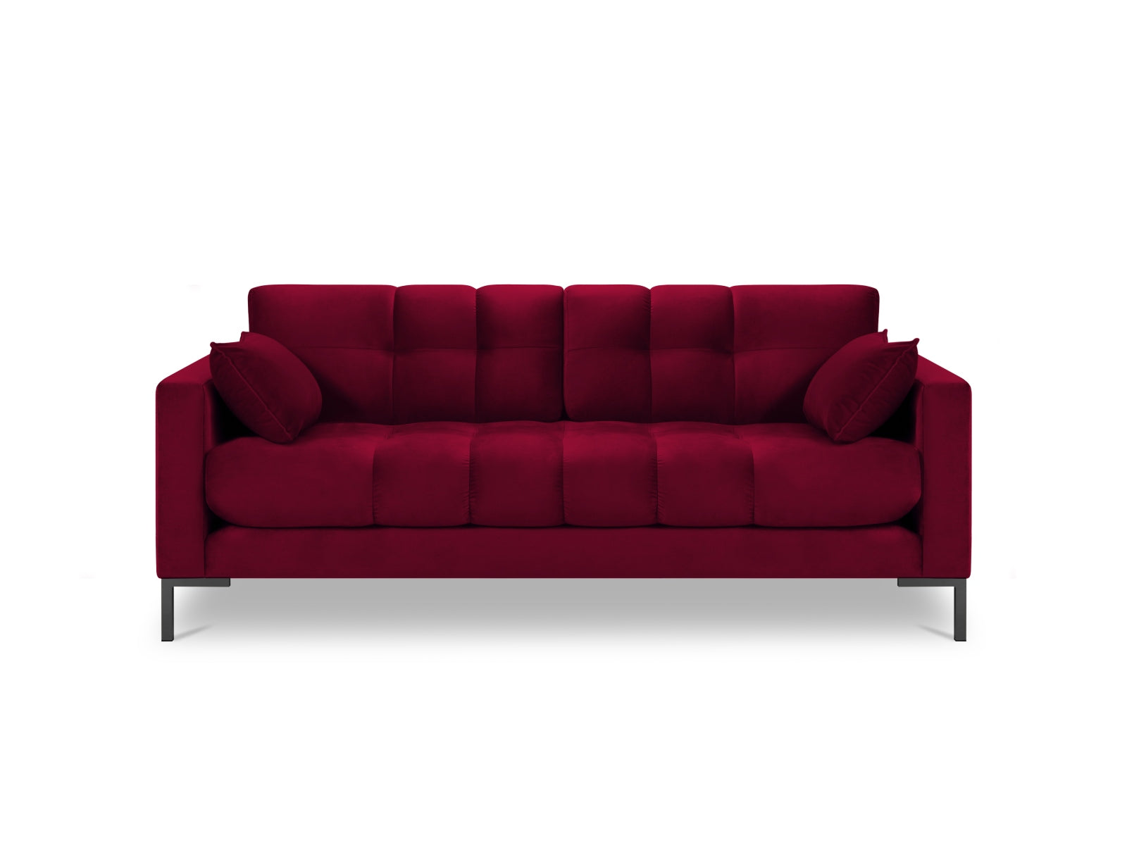 Stylisches 2-Sitzer Sofa Mamaia aus Velours in ansprechendem Rot und Schwarz, perfekt für einladende Wohnzimmer und entspannte Stunden.