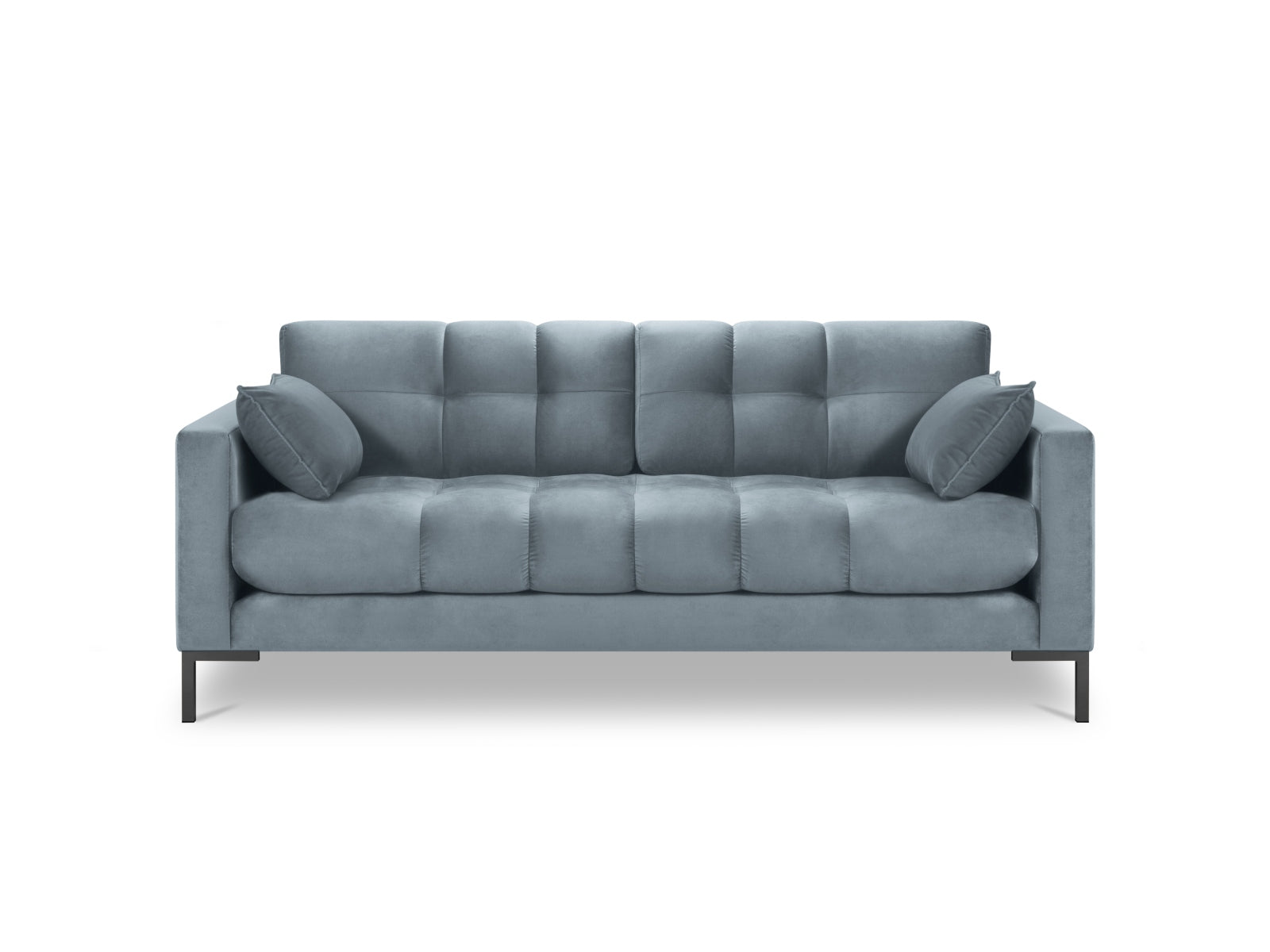Stylisches 2-Sitzer Sofa Mamaia aus Velours in zartem Hellblau und edlem Schwarz, perfekt für zeitgemäße Inneneinrichtungen.