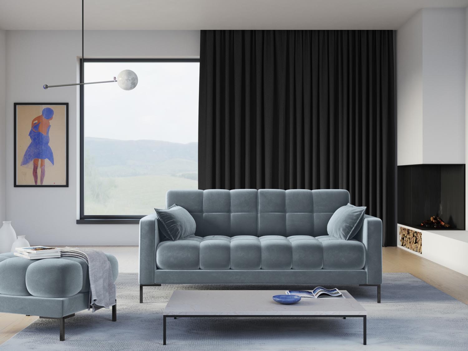 Elegantes Mamaia Velour Sofa für zwei Personen in sanftem Hellblau und stilvollem Schwarz, ideal für moderne Wohnräume.