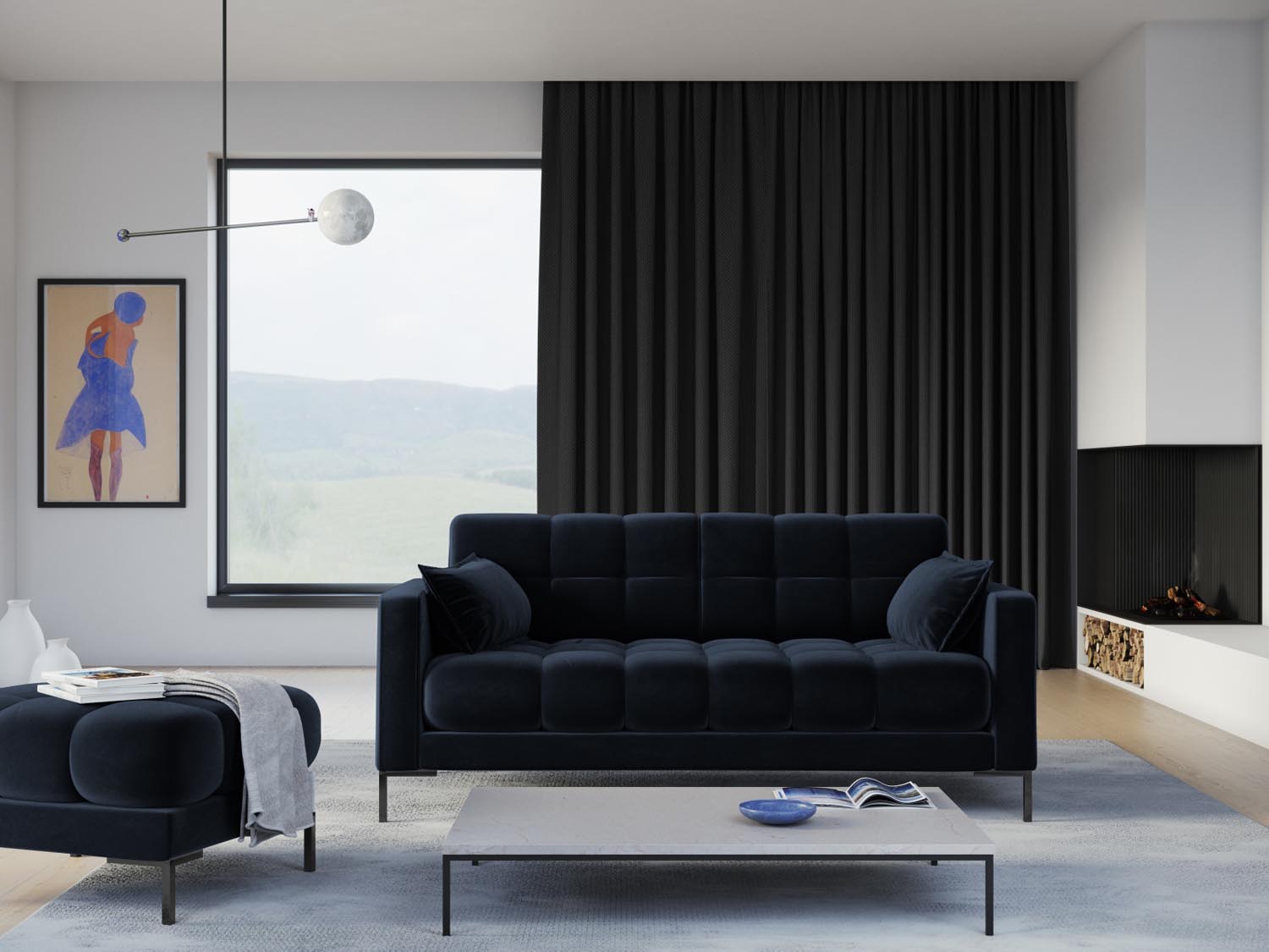 Elegantes Mamaia Velour Sofa für zwei Personen in Dunkelblau, ideal für stilvolle Wohnräume. Hochwertige Verarbeitung von Micadoni.