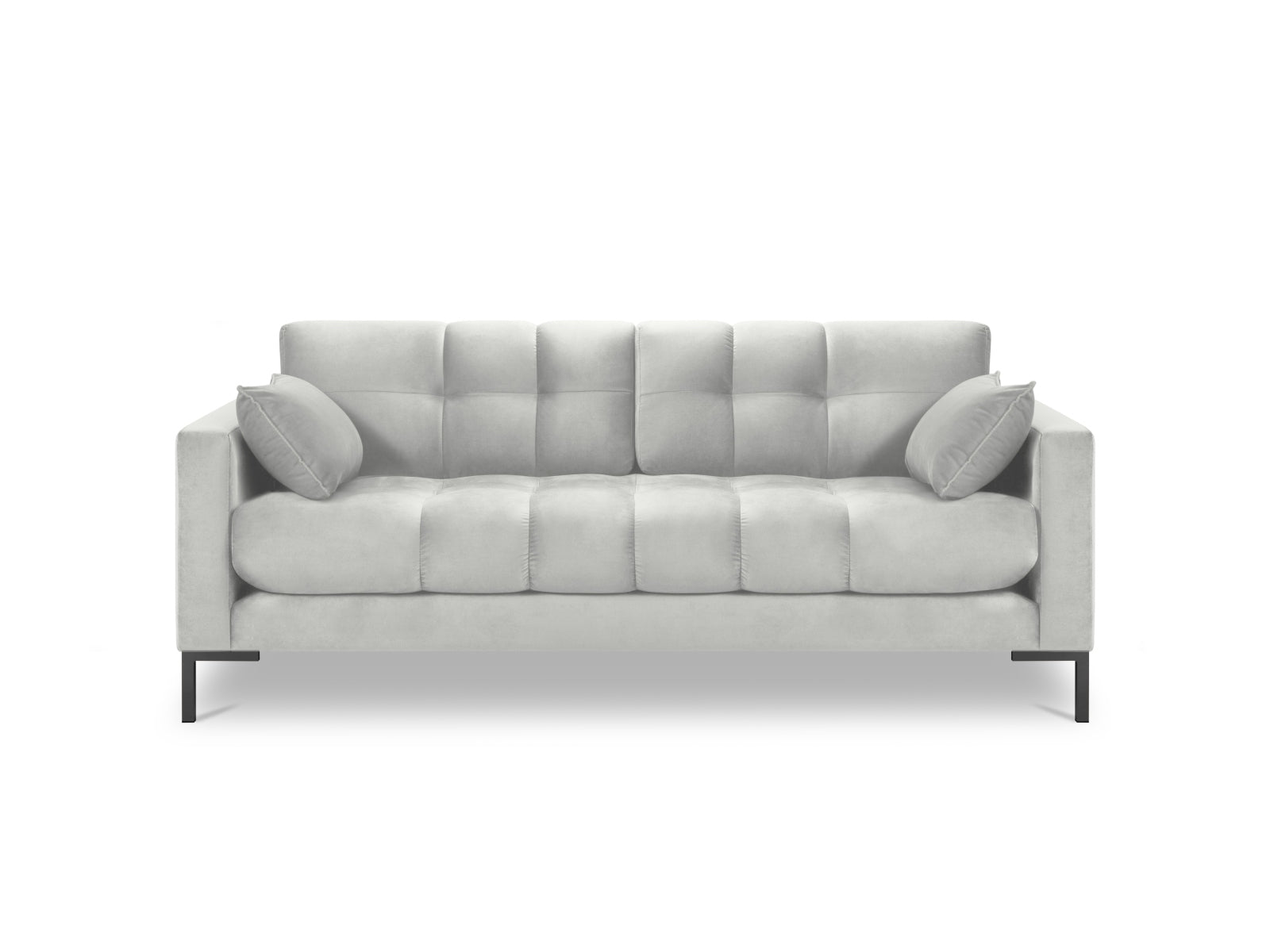 Stilvolles Mamaia Velour Sofa in edlem Silber und Schwarz-Bluvel, perfektes 2-Sitzer Möbelstück für gemütliche Wohnzimmer.