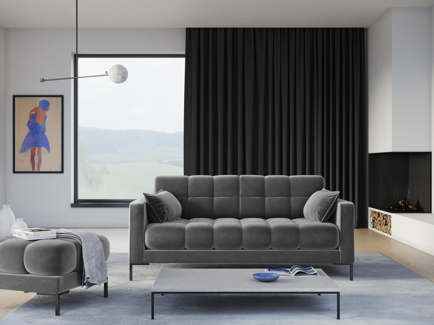 Elegantes Mamaia Velour Sofa im modernen Design, ideal für stilvolle Wohnräume. Bequemer 2-Sitzer in sanften Grautönen.