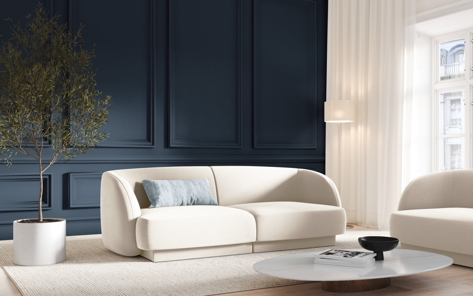 Elegantes Miley Velour Sofa für zwei Personen in sanftem Beige, ideal für stilvolle Wohnräume und gemütliche Abende.